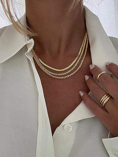 3pcs Stainless Steel Fashion Women's Herringbone Necklace, Delicate Platinum Necklace, Snake Chain Necklace, Minimalist Platinum Color Layered Necklace, Gold Bead Jewelry Gift, Suitable For Halloween, Christmas, Women Jewelry, Stackable Gold Necklaces, Multi-Layer Necklace For Women
