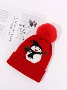 1pc Winter Knitted Hat For Boys And Girls, Christmas Festive Beanie With Cute Pom-Pom Ears Warmth And Comfortable, Suitable For Daily Wear - Multicolor - View 4