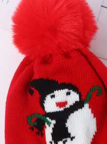 1pc Winter Knitted Hat For Boys And Girls, Christmas Festive Beanie With Cute Pom-Pom Ears Warmth And Comfortable, Suitable For Daily Wear - Multicolor - View 3