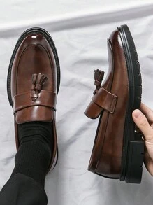 Men's Tassel Thick-soled Business Formal Pu Leather Shoes, Slip-on, Suitable For Groom Wedding And Hairstylist