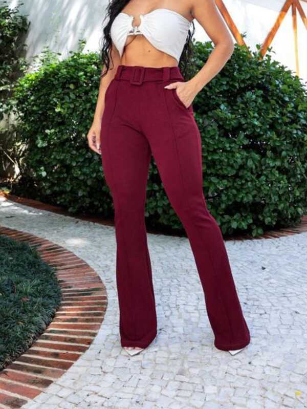 CALÇA FLARE FEMININA XADREZ EM MALHA CREPE COM CINTO FAKE