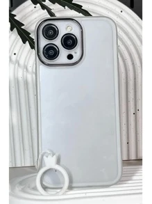 1pc White Electroplated Lens Frame Matte Solid Color Tpu Protective Case With Shock Absorption And Finger Ring Strap Compatible With iPhone 15/15Pro