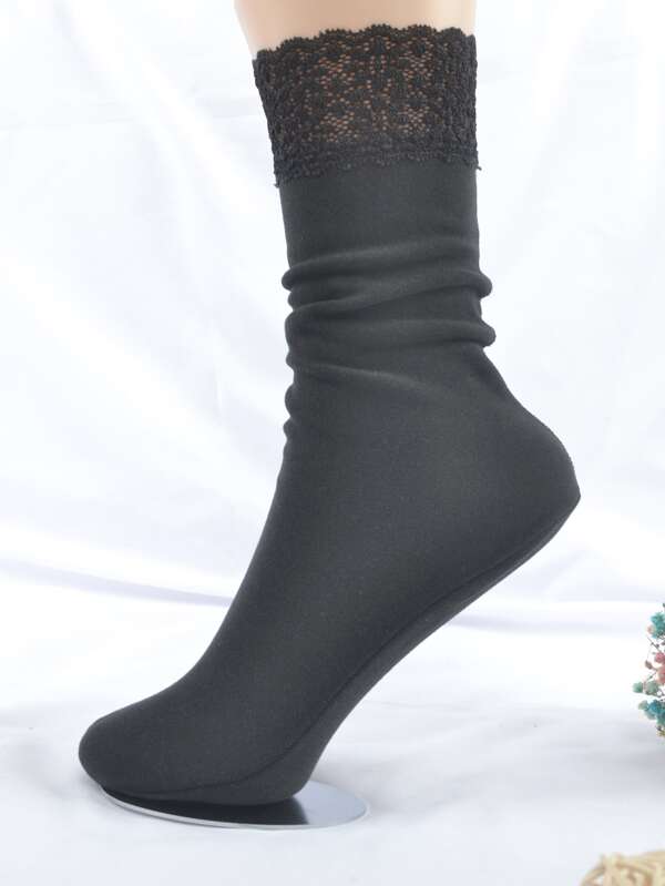1pair Women's Thick Lace-trimmed Mid-calf Socks For Autumn And Winter, Vintage Pile Socks And Brushed Socks, Warm Keeping