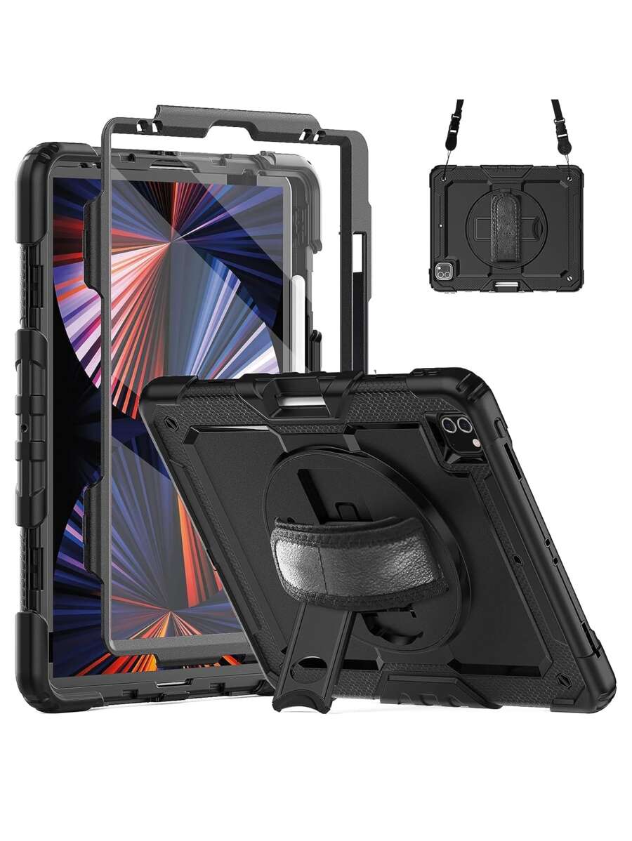 Case For IPad Pro 3rd,4th,5th And 6th Generation 12.9 Inch With Screen Protector, Pencil Holder, Hand Strap And Shoulder Strap For IPad Pro 12.9, Black - Black - View 1