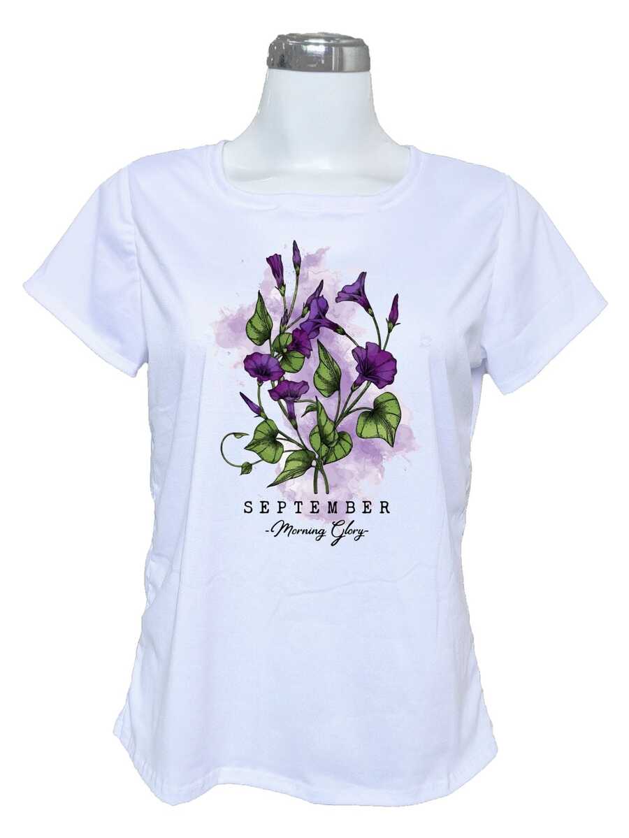 Playera camiseta sublimada flor gloria de la mañana flores septiembre - Blanco - Ver 1