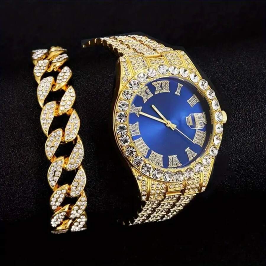 Classic Hip Hop Rap Luxury Full Rhinestone Brilliant Men's Watch Bracelet Set Fashion Avant-Garde Calendar Quartz Watch - Gold - View 1