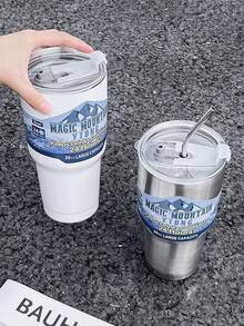 1pc Large Capacity Insulated Mug With Stainless Steel Straw For Cold Drinks, Summer - Black - View 4