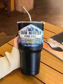 1pc Large Capacity Insulated Mug With Stainless Steel Straw For Cold Drinks, Summer - Black - View 1