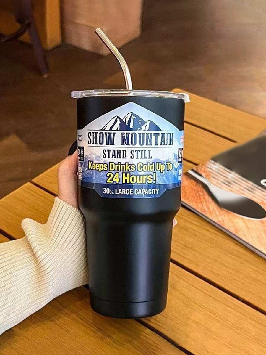 1pc Large Capacity Insulated Mug With Stainless Steel Straw For Cold Drinks, Summer - Black - View 1