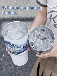 1pc Large Capacity Insulated Mug With Stainless Steel Straw For Cold Drinks, Summer - Black - View 3