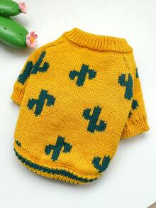 1pc Pet Clothes - Soft & Comfortable Yellow & Cactus Patterned Sweater For Dogs And Cats, Autumn/winter - Ginger - View 7