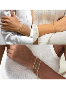 5 件 14K 镀金不锈钢时尚编织链、蛇链、珍珠链手链，适合女性日常、派对、沙滩装、礼物 - 金黃色 - 查看 4