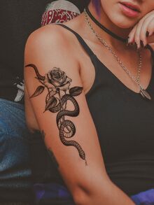 1張黑色大花蛇花紋暫時性紋身貼紙,可貼於手臂、胸部、腹部、背部、身體 - 黑色 - 查看 1