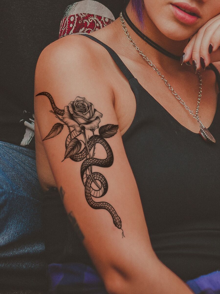 1張黑色大花蛇花紋暫時性紋身貼紙,可貼於手臂、胸部、腹部、背部、身體 - 黑色 - 查看 1