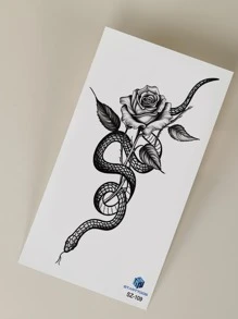 1張黑色大花蛇花紋暫時性紋身貼紙,可貼於手臂、胸部、腹部、背部、身體 - 黑色 - 查看 5