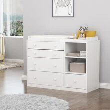Large Modern Wood Nursery Storage Dresser Chest with Wide Table Top, 5 Drawers & 2 Shelves, Wide Storage Space Functional Organizer