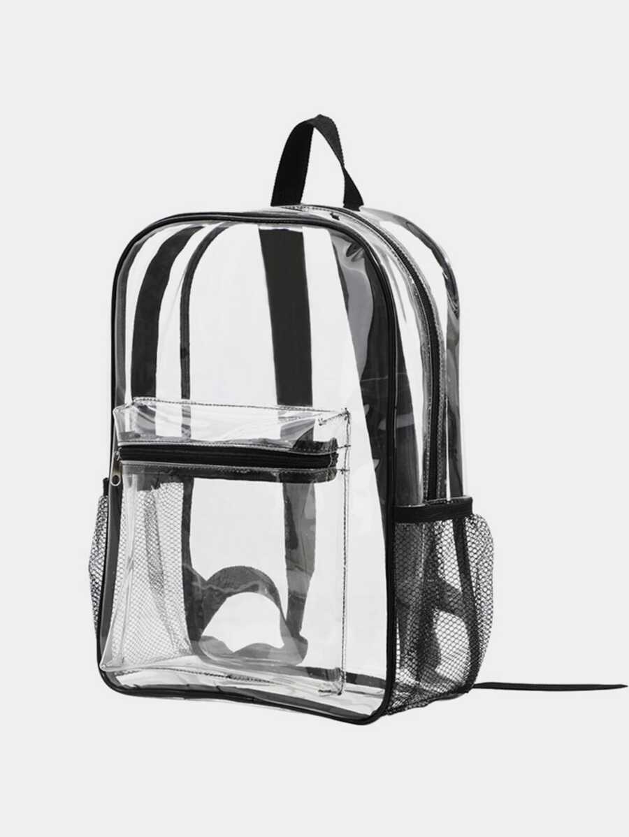 1 Pieza Mochila Escolar Negra Transparente Con Cremallera Visible Para Uso Diario - Negro - Ver 1