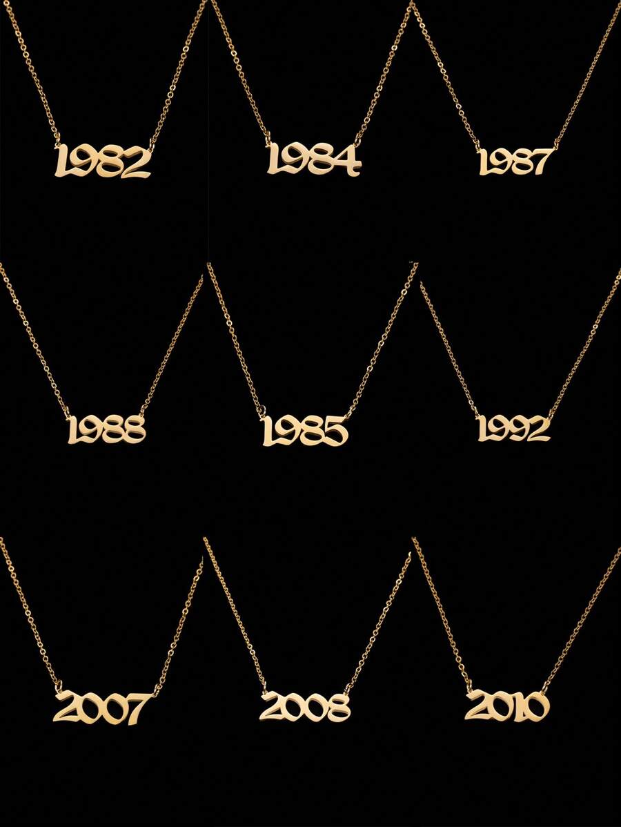 1件时尚金色钛钢年份数字吊坠项链，适合男士日常佩戴
