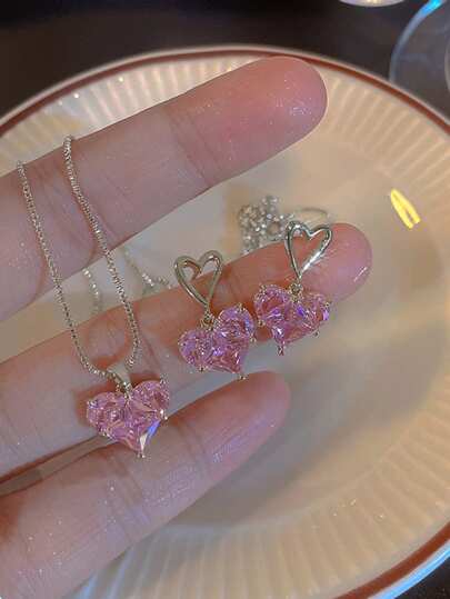 17KM 3入組粉色鑲嵌愛心吊墜耳環項鍊珠寶套裝,y2k風格派對女士禮物