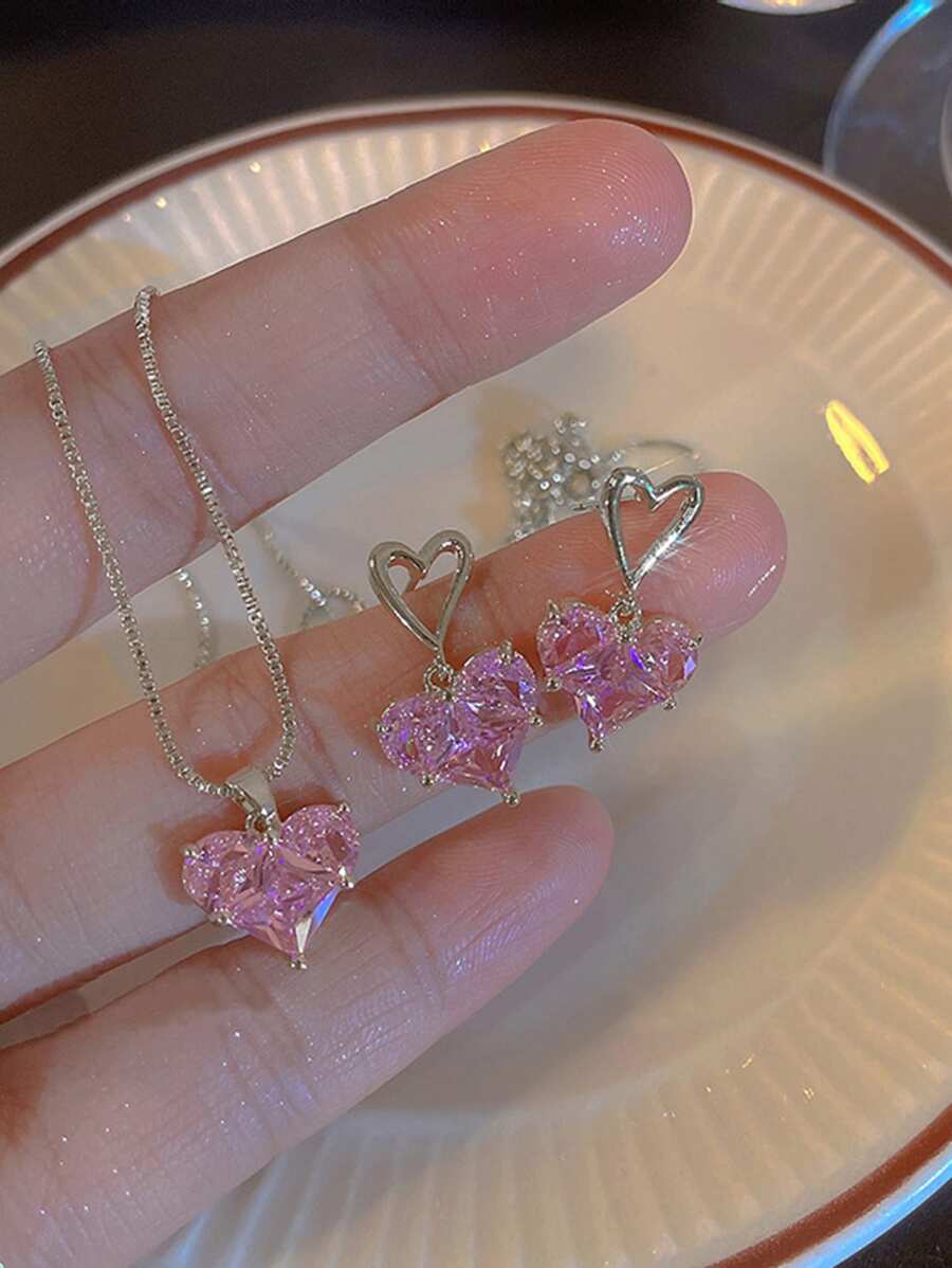 17KM 3入組粉色鑲嵌愛心吊墜耳環項鍊珠寶套裝,y2k風格派對女士禮物