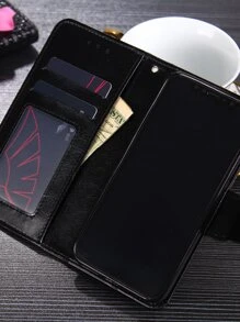 keyunfei 1pc Black Card Slot Wallet Case Flip Cover Phone Case Compatible With Apple 14pro/A03/Honor 90/Nova9/Redmi 12 Pro/Nokia 5.4/Oppo Find X5/Realme 8 - Black - View 6