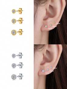 3入組100% 925純銀鋯石耳釘，女士穿戴迷你耳釘，適用於日常佩戴、婚禮、晚會，18K鍍金，送禮自用兩相宜（只有3PCS）