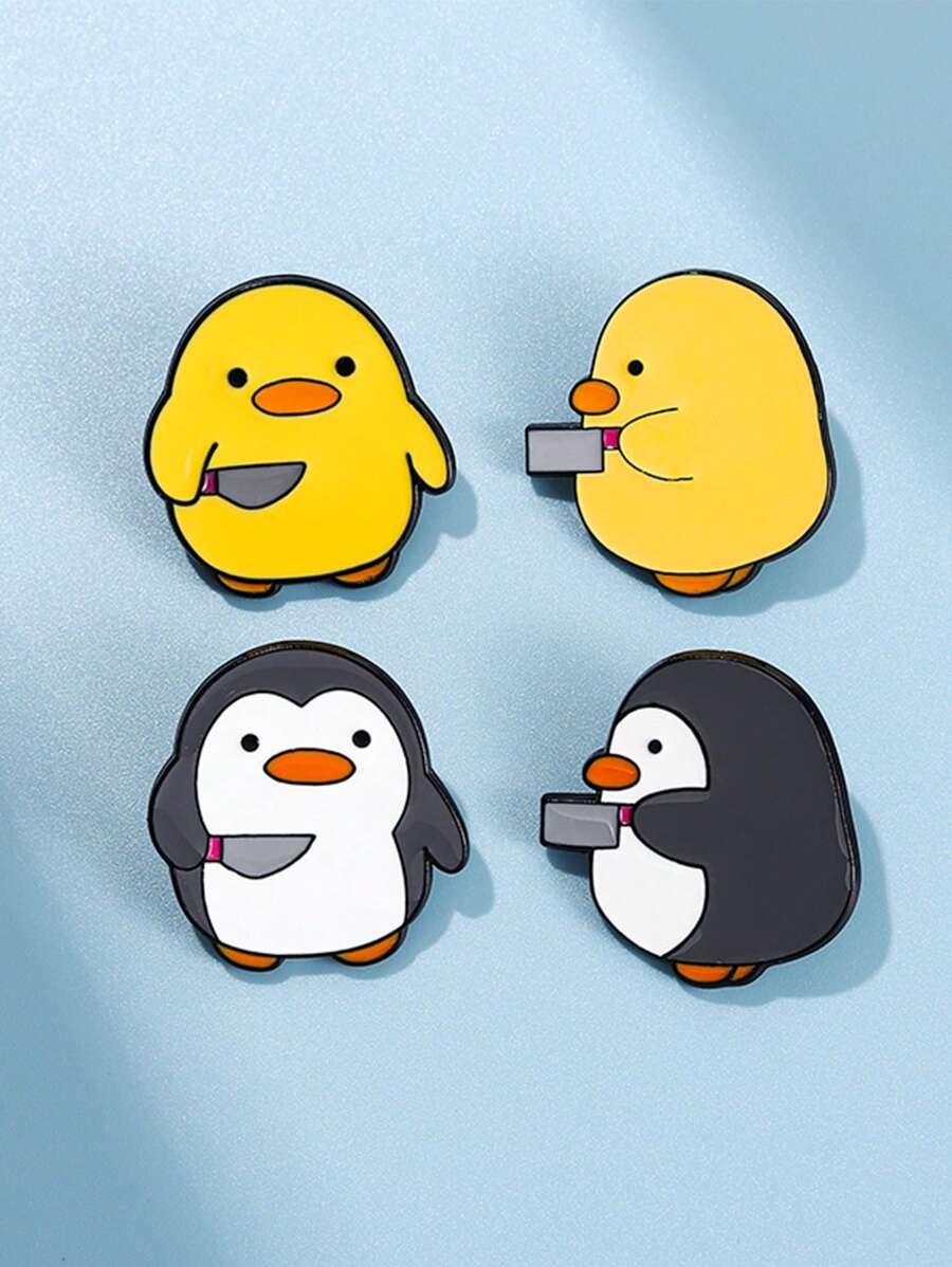 4pcs Cutie Killer Enamel Pins Chick Little Penguin Dagger Knife