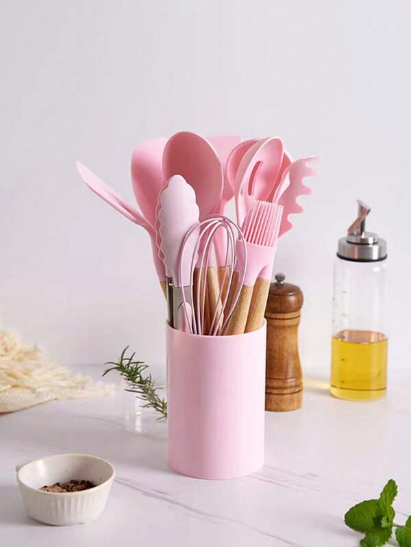 12 utensilios de cocina con cubos cubos de almacenamiento de mango de madera herramientas de cocina antideslizantes cucharas de silicona