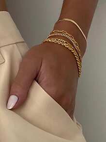5 件 14K 镀金不锈钢时尚编织链、蛇链、珍珠链手链，适合女性日常、派对、沙滩装、礼物 - 金黃色 - 查看 3