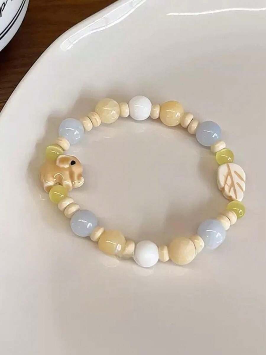 1pc Green Elephant Shaped Ceramic Bead Bracelet, Spring/summer Sweet Style For Best Friends - Green - View 1