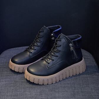 女款側拉鍊黑色厚底短靴 2023秋冬新品