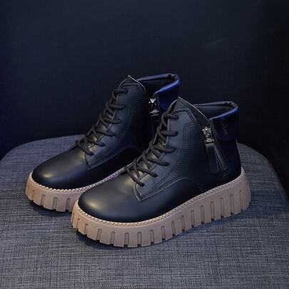 Side Zipper Black Short Boots With Thick Sole For Women, New Arrival For Autumn-winter 2023