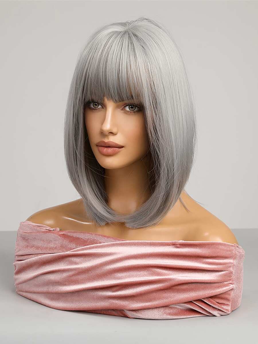 Corte De Pelo Bob Recto Gris Plateado Con Flequillo Para Uso Cotidiano, Hecho De Fibras Sintéticas Y Cabelludo Simulado - Gris - Ver 1