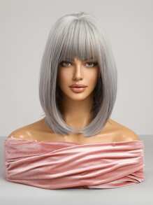 Corte De Pelo Bob Recto Gris Plateado Con Flequillo Para Uso Cotidiano, Hecho De Fibras Sintéticas Y Cabelludo Simulado - Gris - Ver 2