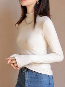 1件 女式秋冬立領德容內衣長袖上衣 - 米色 - 查看 1