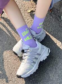 1pair Women's Sporty Mid-calf Socks With Slogan & Letter Pattern