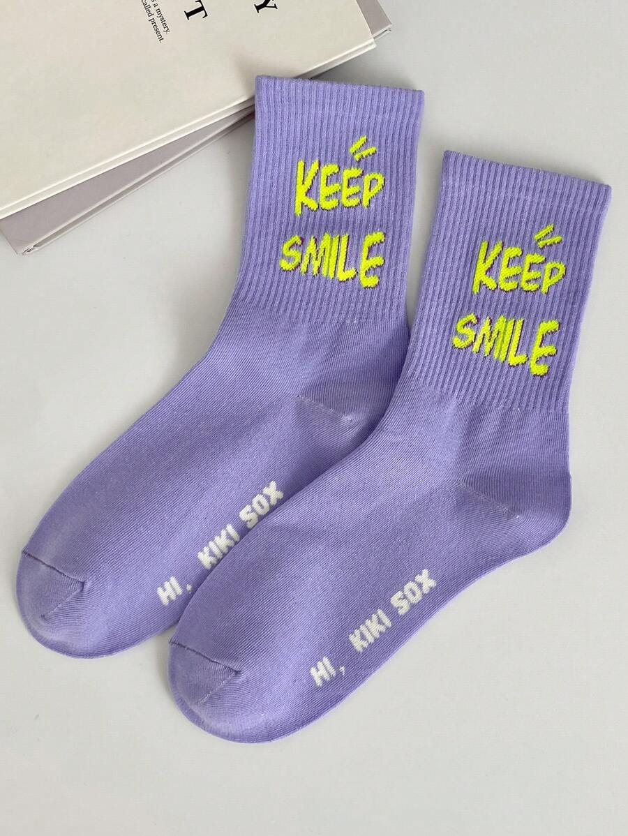 1pair Women's Sporty Mid-calf Socks With Slogan & Letter Pattern