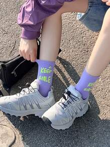 1pair Women's Sporty Mid-calf Socks With Slogan & Letter Pattern