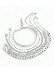 5Pcs/Set Bohemian Gold Bracelets for Women Boho Jewelry Diamond Chain Layered Hand Chain Charm Bracelet - Silver - View 3