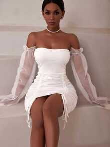 Vestido strapless con cintillas ajustable mangas estilo mesh - Blanco - Ver 3