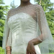 1pc Chal Nupcial, Capa De Boda, Chal De Tul Protector Solar Con Decoración De Perlas Y Diamantes De Imitación, Accesorio - Beis - Ver 1