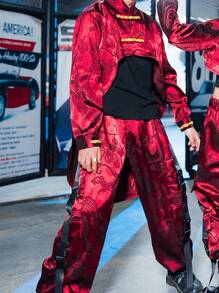 男大童中式服飾套裝,短前長款後旗袍,背心和長褲 - 紅色 - 查看 3