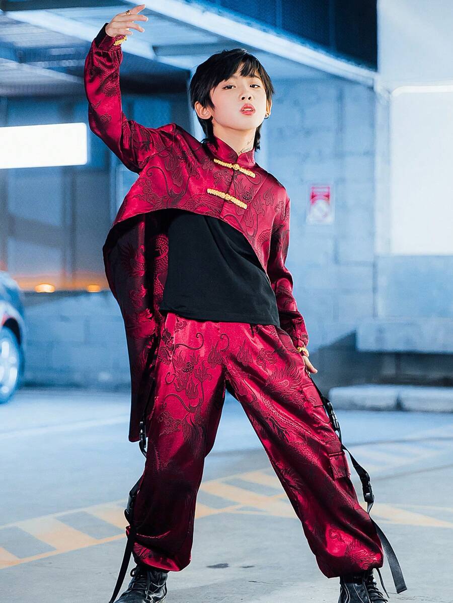 男大童中式服飾套裝,短前長款後旗袍,背心和長褲 - 紅色 - 查看 1