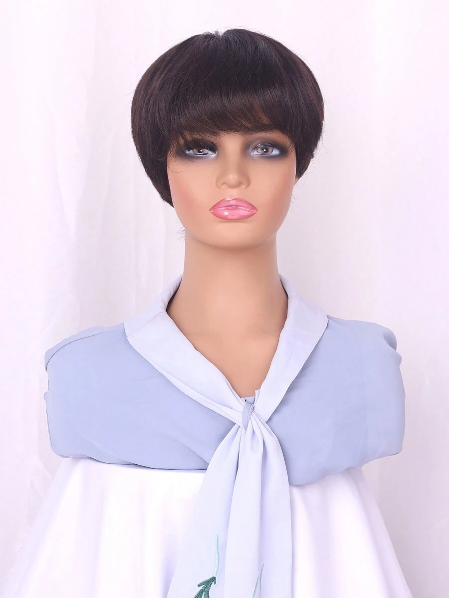 女性短直髮滿頭帽假髮,人造纖維,蓬鬆自然,適用於中老年母親