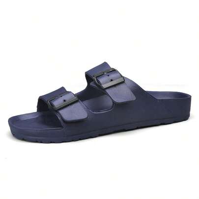 Men's Waterproof Anti-Skid Plastic Flat Sandals With Round Toe And Slip-Resistant Sole In Solid Black