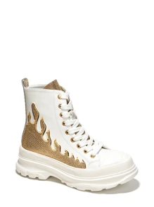 Women's  Rhinestone Flame High Top Lug Sneakers - Lug, Platform Round Toe Low Heel For Casual - Gold - View 6