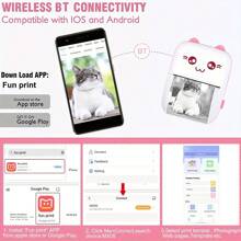 Mini Thermal Inkless Printer with 10Rolls Papers Portable Wireless Smart Pink Printer for Photos, Receipts, Labels