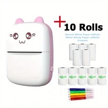 Mini Thermal Inkless Printer with 10Rolls Papers Portable Wireless Smart Pink Printer for Photos, Receipts, Labels