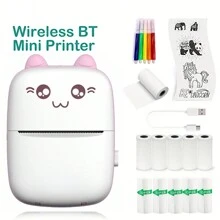 Mini Thermal Inkless Printer with 10Rolls Papers Portable Wireless Smart Pink Printer for Photos, Receipts, Labels