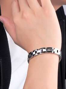 男士時尚不鏽鋼手工鍊條手鍊,15顆磁珠,延長長度22cm,帶有拆卸手鍊的工具 - 銀色 - 查看 4